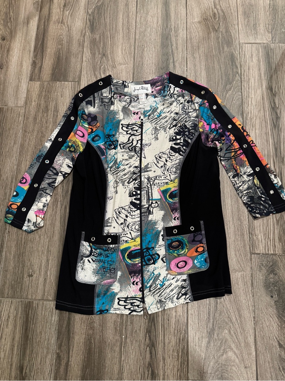 Joseph Ribkoff Abstract Graffiti Zip-Front Jacket - White, Black, Teal, Pink